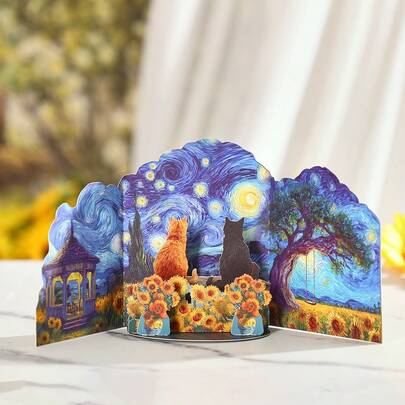 1pc Oil Painting Style Sunflower Pop-Up Card, Spring Pop-Up Card, Black Cat And Sunflower Design, Van Gogh Style Greeting Card, Mother's Day Card, Blessing Card For Mother, Best Friend, Family, Home Decor Card