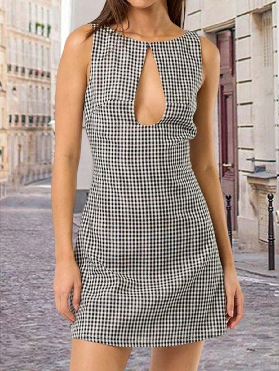 Women Mini Dress Sleeveless Plaid Dress Hollowed Slim Fit Summer Tank Dress For Club Party - màu đen - Xem 1