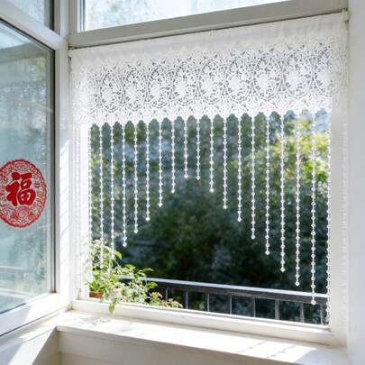 1pc Princess Style Beaded Arched Door Curtain White Hollow Floral Embroidery Sheer Curtain With Shiny Beads Cafe Curtain Valance For Kitchen Bathroom Window Hallway Wedding Party Decor Rod Pocket Top