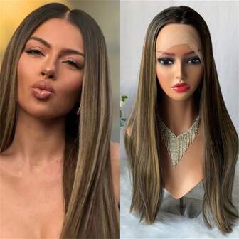 Soft Long Straight Wig Ombre Brown Blonde Synthetic Lace Front Wig Top Swiss HD Transparent Lace Women's Wig