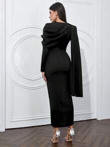 女士中长款裹身连衣裙，纽扣设计，修身剪裁，开衩，优雅大方，适合晚宴、婚礼宾客等场合 - 黑色 - 查看 2