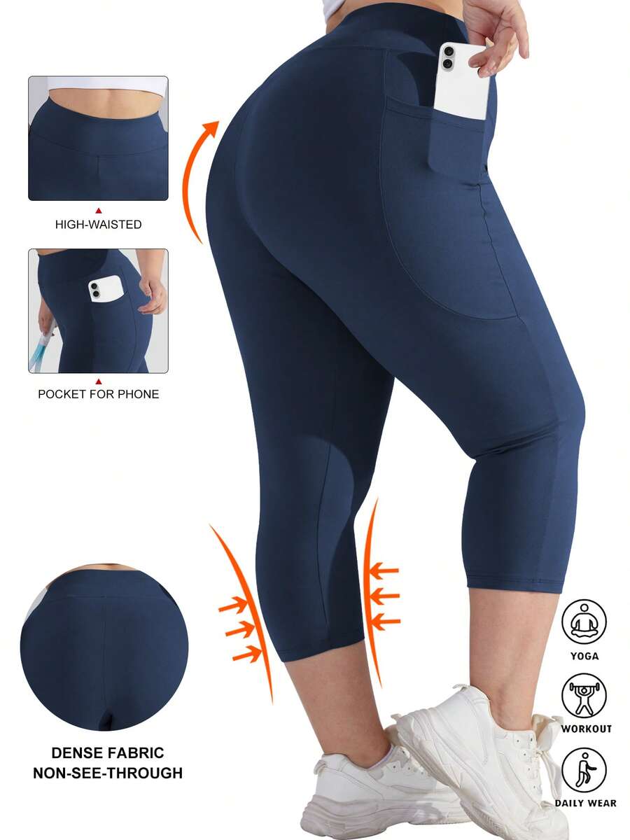 Quần legging dài đến mắt cá chân 7/8 màu trơn dành cho nữ cỡ lớn, cạp cao, ôm bụng, tạo hiệu ứng nâng mông, có túi bên hông, chất liệu co giãn (XL-5X) - ôm sát, co giãn spandex, phù hợp cho tập thể dục, đạp xe, yoga mùa hè.