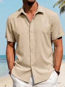 Mens Linen Shirt Classic Button Down Shirt Lightweight Casual Short Sleeve Blouse Holiday Summer Tops With Pocket - 石頭色 - 查看 2