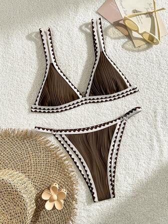 Bikinx بيكيني نسائي بظهر مكشوف وقصة مثيرة مع حواف ملونة وقطعة سفلية مثيرة، بحمالات رفيعة عالية المطاطية