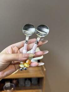 2pcs 304 Stainless Steel Creative Beaded Dessert Spoons, Sweet Style For Afternoon Tea And Desserts