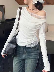 甜美性感蕾丝拼接修身长袖T恤，女士款，随机布料拼接，休闲春季白色 - 白色 - 查看 1