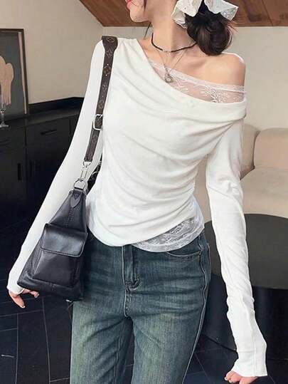 甜美女孩性感蕾丝拼布修身长袖女式 T 恤，面料随机