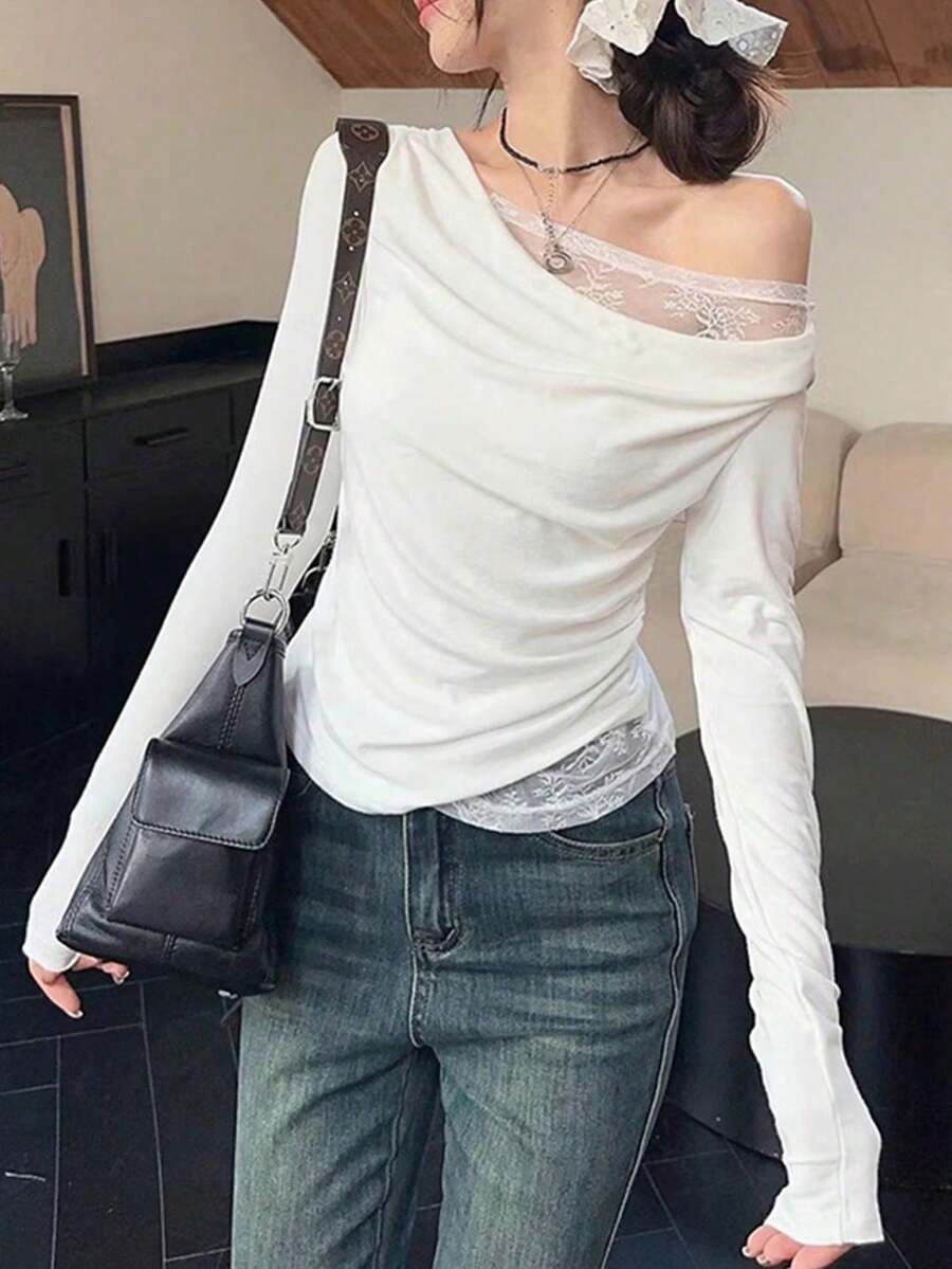 甜美性感蕾丝拼接修身长袖T恤，女士款，随机布料拼接，休闲春季白色 - 白色 - 查看 1