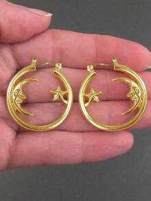 2pcs/Set Moon Portrait Geometric Hollow Out Earrings For Women, Multi-Color Metallic Fashionable And Simple For Parties And Vacations - Vàng - Xem 5
