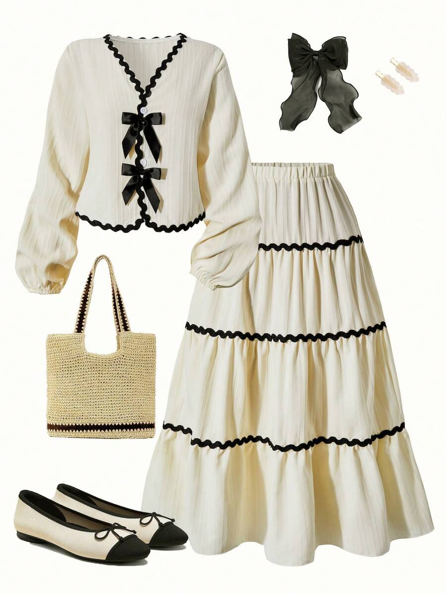 Girls' Elegant Sweet Mid-Length Dress Set, Includes One Long Sleeve Top With Ruffle Bow Decor And One Layered Mid-Length Skirt. Fashionable Casual, Suitable For Spring And Autumn, Suitable For School, Parties, Vacation And Travel - Beige - View 1