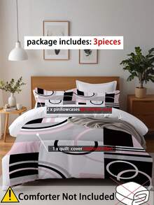 3pcs Modern Geometric Circle Design Print Duvet Cover Set (1*Duvet Cover + 2*Pillowcases, Without Core), Pink & White Abstract Pattern Duvet Cover 3PCS, Sleek Minimalist Bedroom Decor For Contemporary & Urban Aesthetic Enthusiasts, Soothing Visual Fatigue, Suitable For Home, Bedroom And Guest Room Use - Pink - View 13