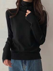 女士高领长袖罗纹针织常规版型T恤，中等弹力面料 - 黑色 - 查看 1