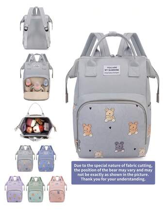 1pc Mommy Backpack With Bear Pattern, Diaper Bag With Insulated Pockets And Stroller Straps, Suitable For Work, Travel And Vacation