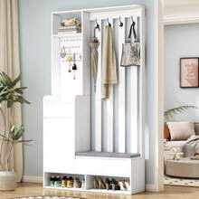Flurgarderobe mit gepolsterter Aufbewahrungsbank, multifunktionaler Flur-Schuhschrank mit Stecktafel, moderno Garderobe mit 4 Haken für Eingangsbereich, Waschküche, Branco, H180/B100/T35 cm - Branco - Ver 2