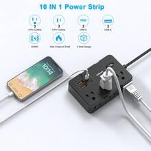 JcBlaon 5英尺带4个USB端口（2个USB-C端口）的防浪涌电源条，6英寸宽插座扩展器，可壁挂安装，超薄扁平插头 - 美規B型插(110-127V) - 查看 3