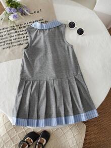 bearleader Girls' Striped Collar Patchwork Letter Bow Print Ruffle Sleeveless Casual Dress, Summer - Grey - View 2