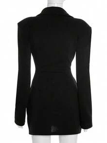 Sexy A-Line Knit Mini Dress, Deep V-Neck Long Sleeve Party Style Black Dress - Black - View 10