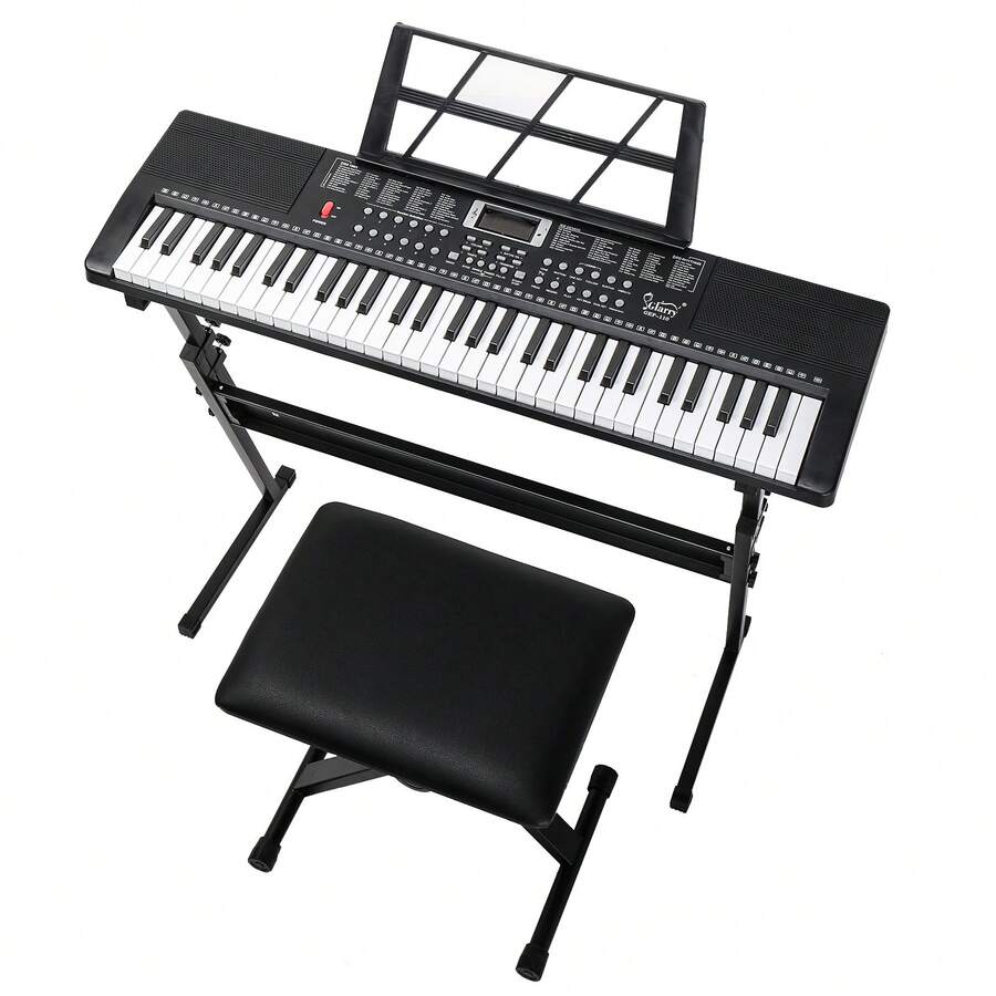GEP-110 61 Key Keyboard With Piano Stand, Piano Bench, Built In Speakers, Headphone, Microphone, Music Rest, LED Screen, 3 Teaching Modes For Beginners - 黑色 - 查看 1