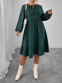 LUNA Vestido verde militar holgado de manga larga, escote calado y cintura anudada. Elegante vestido largo de talla grande para mujer, con mangas abullonadas y cintura alta, ideal para primavera y otoño. Ideal para festivales de música, citas, el día a día y fiestas. - Verde militar - Ver 6