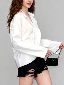 Women's Elegant White Woven Fabric Stand Collar Long Sleeve Shirt, Front Button Regular Length Blouse