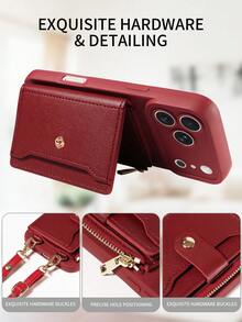 1 件装 PU 皮革钱包式手机壳，带卡槽、镜子和斜挎肩带，兼容 17 Pro Max/17 Pro/17/Air/16 Pro Max/16/15/14/13、Redmi - 酒紅色 - 查看 5