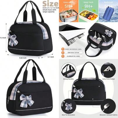 Lunch Bag For Women Men Cute Tote Bags Reusable Insulated Beach Box Case Large Capacity Cooler Purse For Work Picnic Travel Office Camping Handbag School Bookbag For GirlsTeen College Student Black