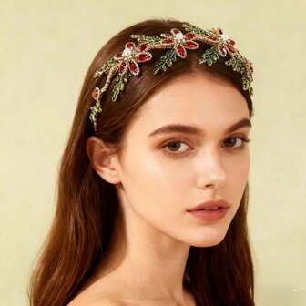 1件优雅复古红绿宝石发箍 - 奢华手工水晶圣诞发饰，饰有花卉图案、珍珠和宝石，是圣诞节、婚礼和盛大晚宴的完美之选
