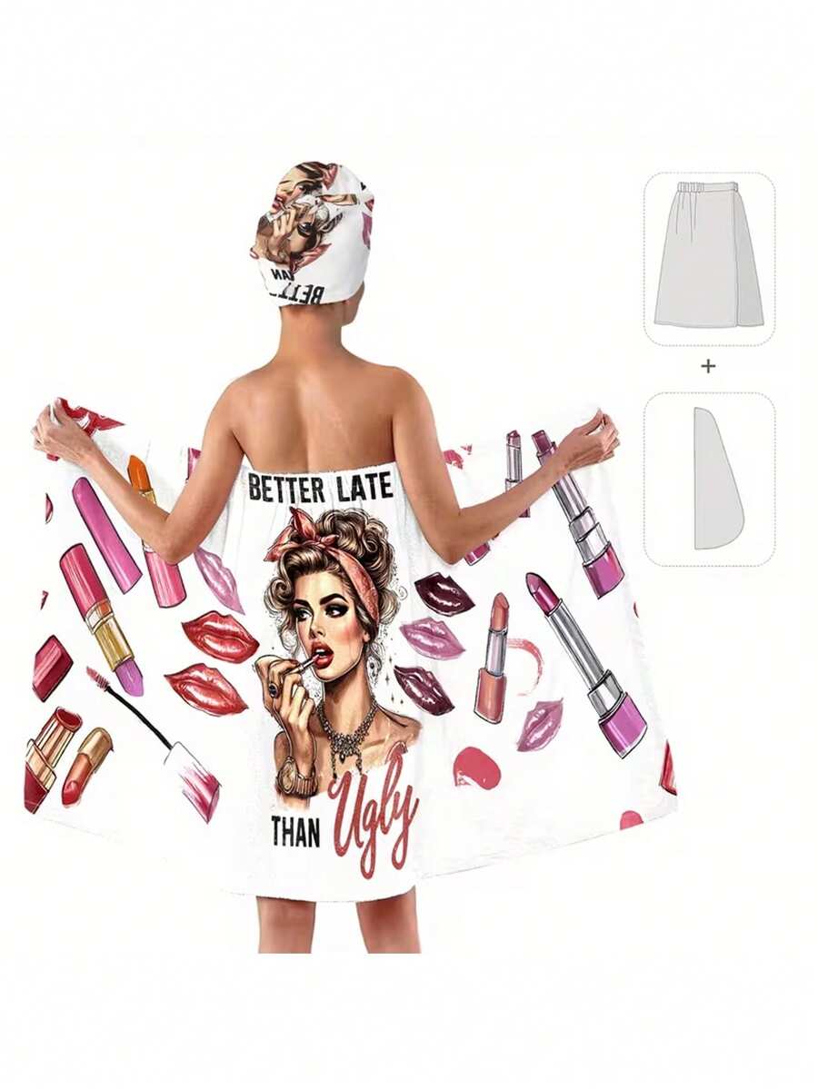 2pcs Fashion Art Bathrobe & Towel Set, Wearable Hooded Bath Towel, Machine Washable Adult Home Bathrobe & Hair Drying Cap Set, Sauna Skirt, Bathrobe, Essential Bathroom Accessory