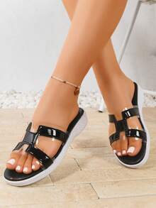 Women's Wide Fit Fashion Sandals, Transparent Strap Thick Sole Elevated Slip-On Casual Elegant Sandals - Black - View 2