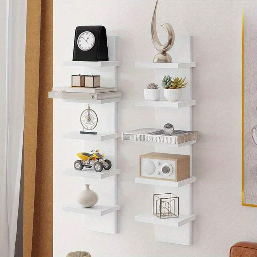 Black Plastic Wall Mounted Floating Shelf System, Elegant Curved Design And Smooth Surface - Heavy-Duty Modern Storage Rack With Angled Back Panel, Easy To Assemble, Space Saving Vertical Shelf, Suitable For Living Room, Bedroom, Foyer - Multifunctional Home Decoration - trắng - Xem 1
