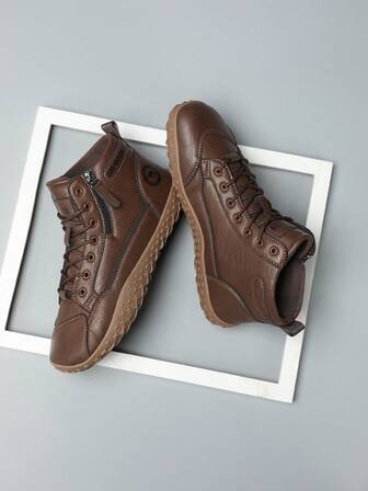 Men's Wide Toe Barefoot Shoes, New Extra Wide & Thick Training Shoes, High-Top Lace-Up Side Zipper, High Instep & Wide Toe Box Design, Orthopedic Swollen Feet, Leather & Mesh Patchwork Wide Casual Sneakers For Fitness, Outdoor, Hiking