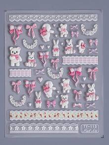 1 pieza Pegatina de arte de uñas 5D en relieve con conejo lindo y lazo, decoración de uñas con patrón de conejo DIY, herramienta de accesorios de arte de uñas, suministros de uñas - Multicolor - Ver 4