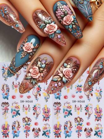 2张3D复古玫瑰花美甲贴纸，优雅盛开的花朵和叶子，情人节美甲贴花，DIY饰品，玫瑰图腾设计，美甲装饰，适合女性和女孩