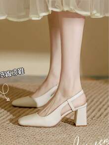 春夏新款复古方头法式高跟凉鞋，时尚闭趾高跟鞋，性感优雅的玛丽珍鞋，粗跟露后跟设计，适合约会、伴娘等各种场合，四季皆宜。 - 米色 - 查看 3