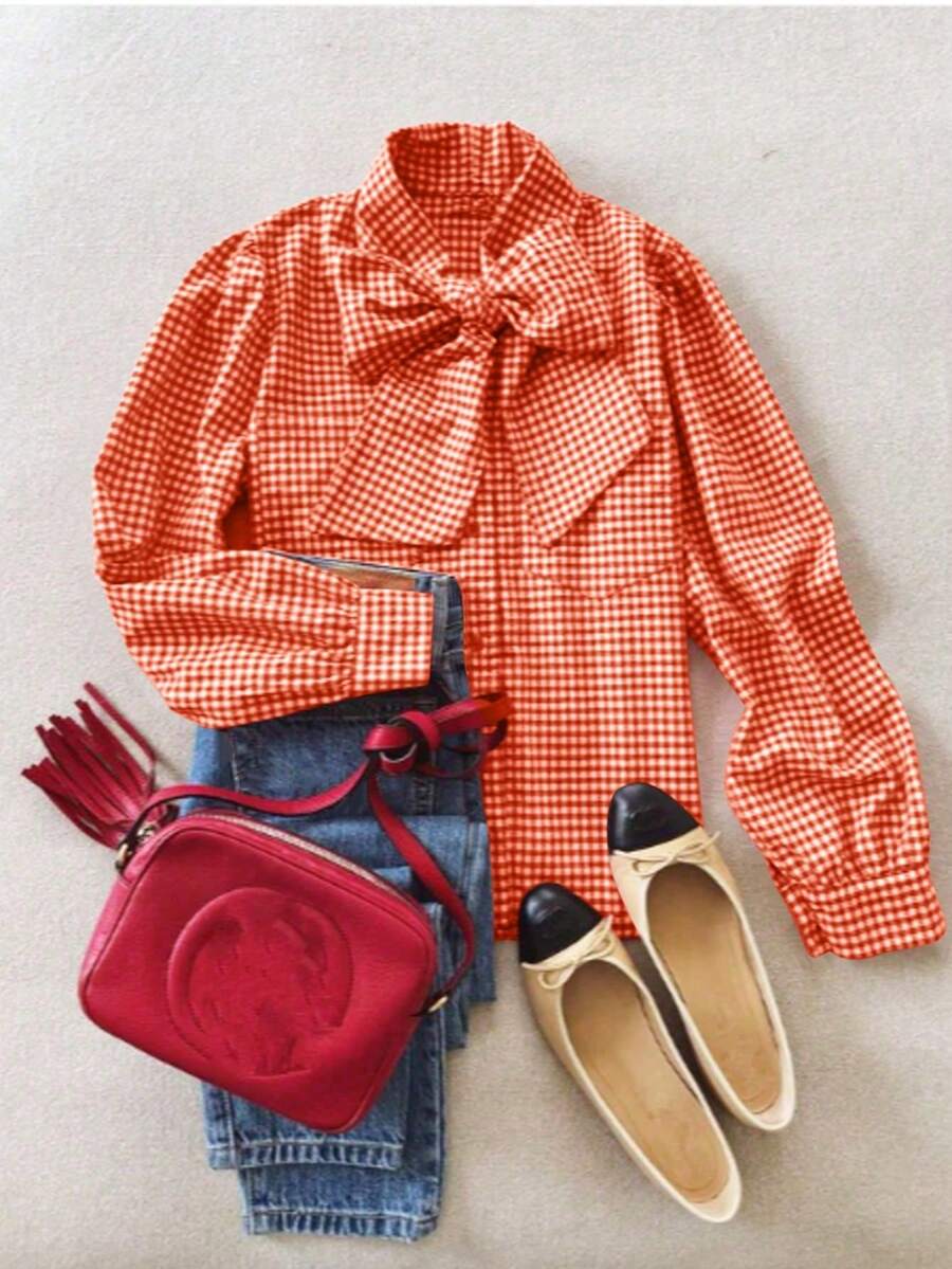 Red Plaid Picnic Style Long Sleeve Blouse For Women, Tie Cuff, Casual Everyday Wear, Suitable For Breakfast, Commute, All Seasons Spring Vacation - Orange - View 1