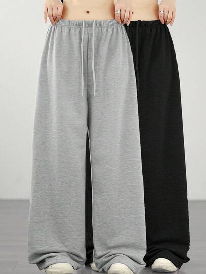 2 יחידות מכנסי טרנינג קז'ואל עם שרוך לנשים, מכנסי טרנינג פשוטים בגזרה רחבה לאביב, קיץ, סתיו