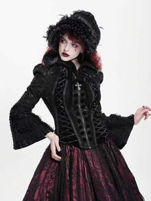 EVA LADY Gothic Palace Party Lace Jacquard Tie-Up Off-Shoulder Ruffle Sleeve Slip Dress - Red and Black - View 6