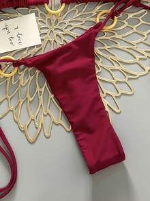 2pcs Casual Cute Elegant Sexy Bohemian Floral Tie-Up Braided Bikini Swimsuit, Beach Vacation, Spring/Summer - Red - View 5