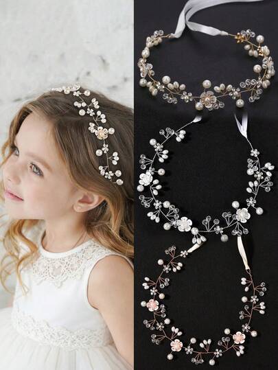1pc Elegant & Sweet Floral Faux Pearl Beaded Rhinestone Headband, Suitable For Festivals, Weddings, School Performances, Outings, Birthday Parties, Dances, And Daily Wear, Versatile Fashion Accessory For Girls