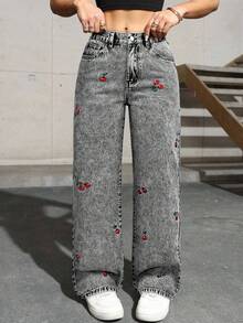 Calça elegante com bordado de cereja, bolso delicado e botões, em cor sólida. Tamanho ligeiramente menor, ideal para uso casual diário na primavera, verão, outono e inverno, inclusive para ir ao trabalho. - Cinza - Ver 8