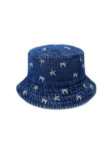 1 pieza Sombrero de cubo de mezclilla con bordado de lazo y estrella para mujer, de moda y versátil, regalo de Navidad ideal, otoño/invierno - A - Ver 10