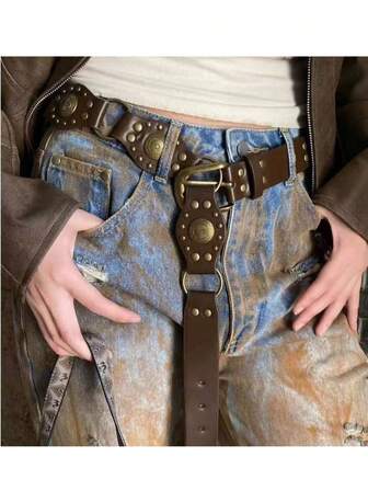 1 st western cowboybälte, Y2K cowboy-stil läderbälte med nitkedja, bohemiskt runt spänne retro lantbälte