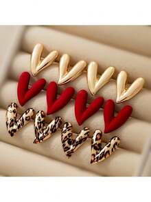 Retro Leopard Print Heart-Shaped Stud Earrings, Multi-Color Mixed Set Earrings, Elegant And Versatile Women's Style, Suitable For Daily Life, Commuting, Dates, Anniversaries, Party Decorations, Valentine's Day Gifts, And Wearing Ear Jewelry - Multicolor - View 6