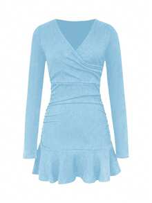 女士休闲性感纯色V领长袖荷叶边鱼尾修身连衣裙，万圣节可爱风格 - 淺藍色 - 查看 2