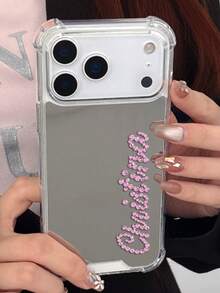 Customized Rhinestone Name Personalized Makeup Mirror Phone Case, Compatible With IPhone 17/16/15/14 Plus/13/12/11 Pro Max/17 Air, Shock-Proof Protective Back Cover - Silver - View 3