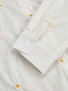Women's Casual Long Sleeve Shirt With Daisy Ditsy Floral, Turndown Collar, Single-Breasted, Leaf Pattern Embroidery, Spring/Autumn - White - View 9