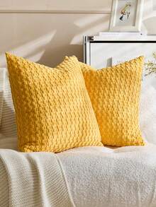 1pc Yellow Bohemian Striped Throw Pillow Cover (Pillow Insert Not Included), Soft Plush Corduroy Solid Color Decorative Square Pillow Sham, Suitable For Holiday, Sofa, Bedroom, Bed, All Seasons - Yellow - View 3