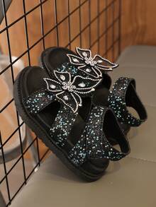 1 Pair Girls' Shiny Bowknot Elegant Princess Style Thick Sole Sandals, Non-Slip, Durable, Soft, Suitable For Party, Gathering, Daily Wear, Casual Outing - Black - View 5