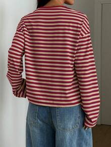 Women's Round Neck Drop Shoulder Long Sleeve Striped Contrast Ribbed Casual T-Shirt - Rose Red and Khaki - View 9