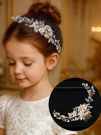 1件精美手工串珠水晶仿珍珠花朵发梳，适合日常佩戴、上学、表演、舞会、节日、生日礼物、拍照，时尚甜美，是女孩的理想配饰。